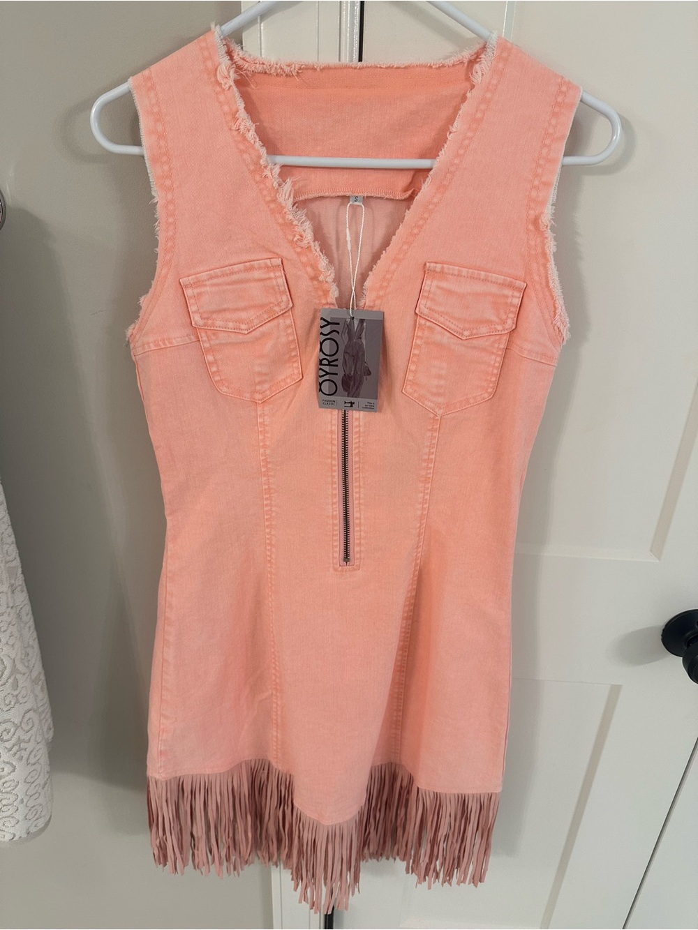 Oroly Peach Fringe Sleeveless Zip Front Dress